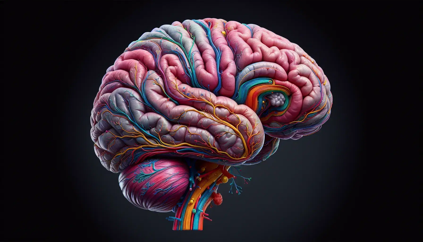 Rappresentazione dettagliata e colorata del cervello umano in vista laterale, con aree cerebrali evidenziate e strutture vascolari senza testo.