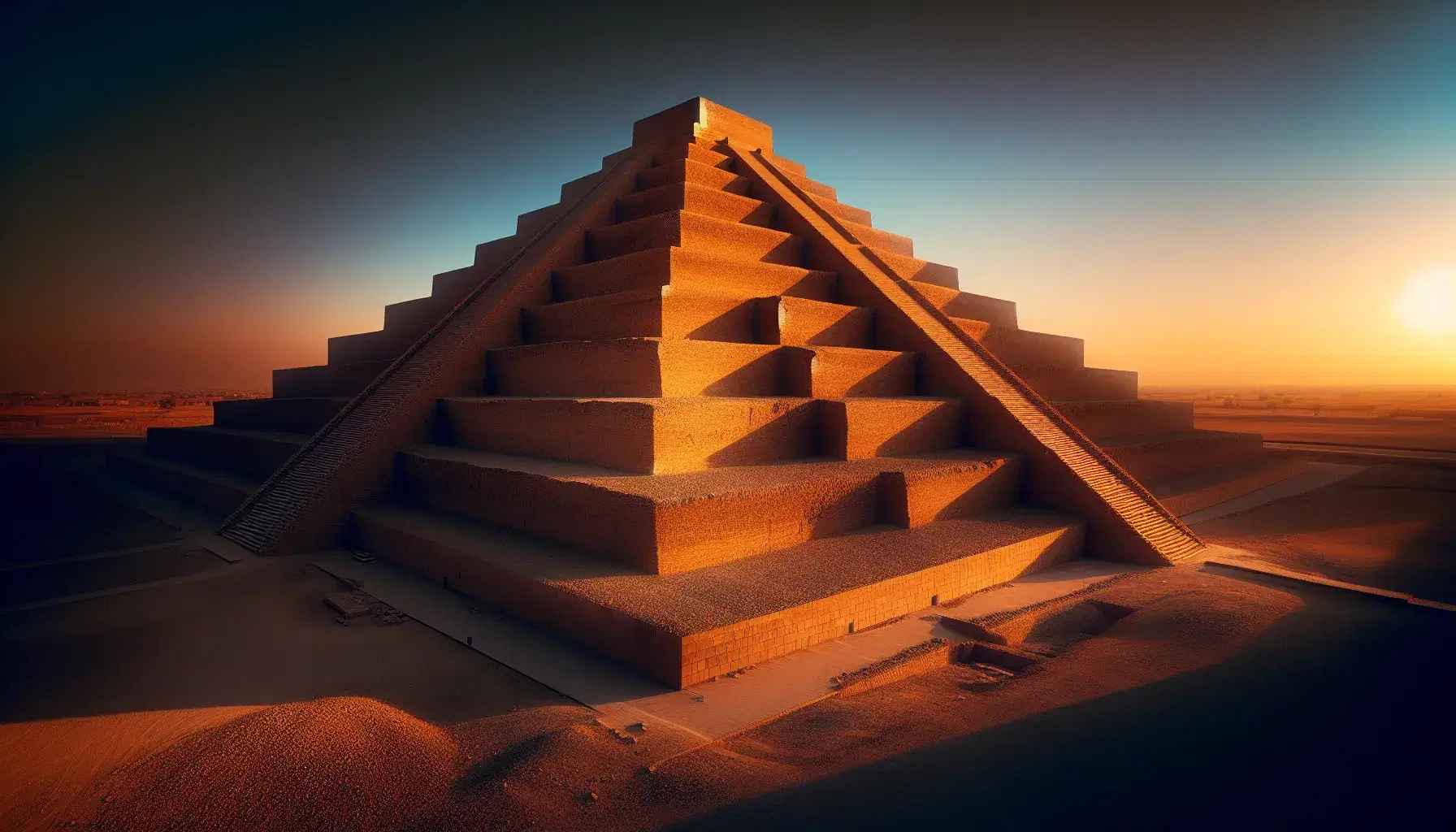 Ziggurat di Ur al tramonto con livelli sovrapposti in mattoni d'argilla e cielo sfumato da blu a arancione, senza persone o animali.