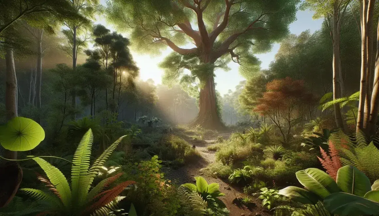 Bosque frondoso con sendero de tierra, árboles robustos, follaje verde y rayos de sol filtrándose, con aves en las ramas y cielo despejado.
