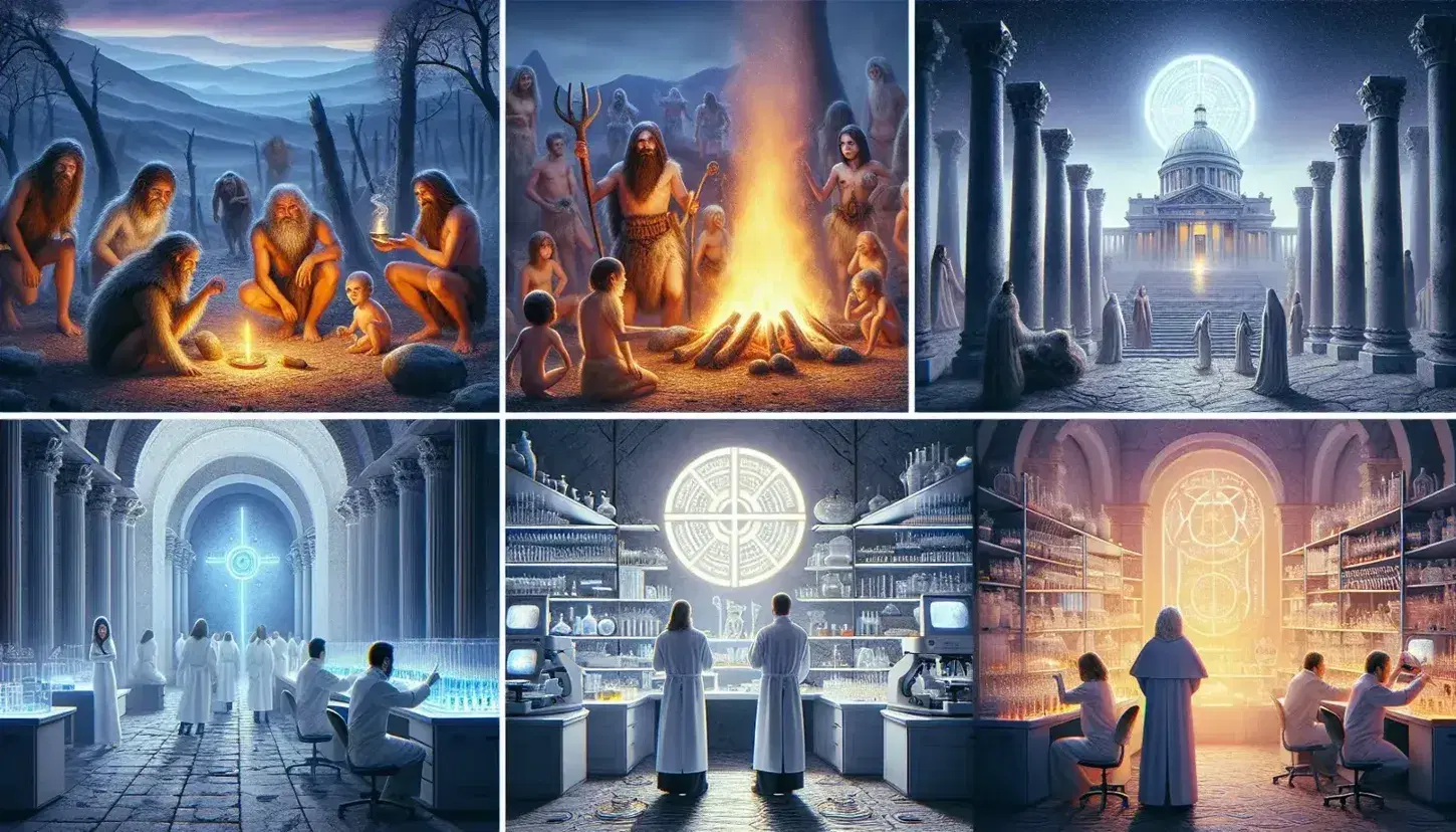Collage de cuatro escenas: prehistóricos alrededor de fuego, científicos en laboratorio, estructura religiosa antigua y grupo diverso en parque.