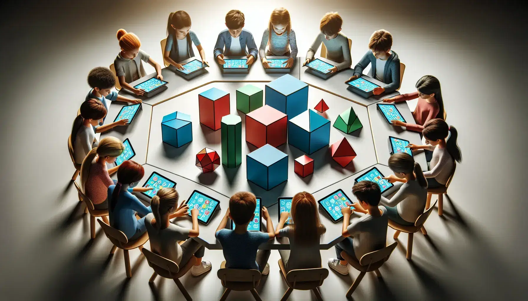 Estudiantes de diversas edades interactúan con tabletas digitales y figuras geométricas de colores en una mesa hexagonal.