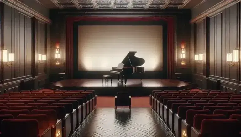 Sala cinema d'epoca con schermo spento, palco in legno, pianoforte a coda nero, sedie in velluto rosso e proiettore vintage.