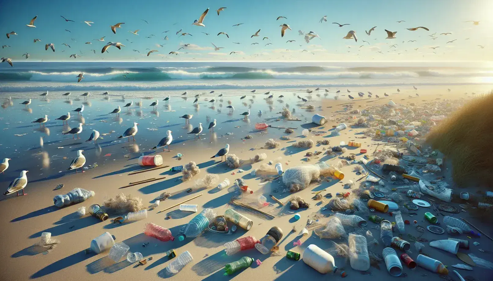 Playa contaminada con residuos plásticos y latas en la arena, aves marinas entre los desechos y olas suaves del mar al fondo en un día soleado.