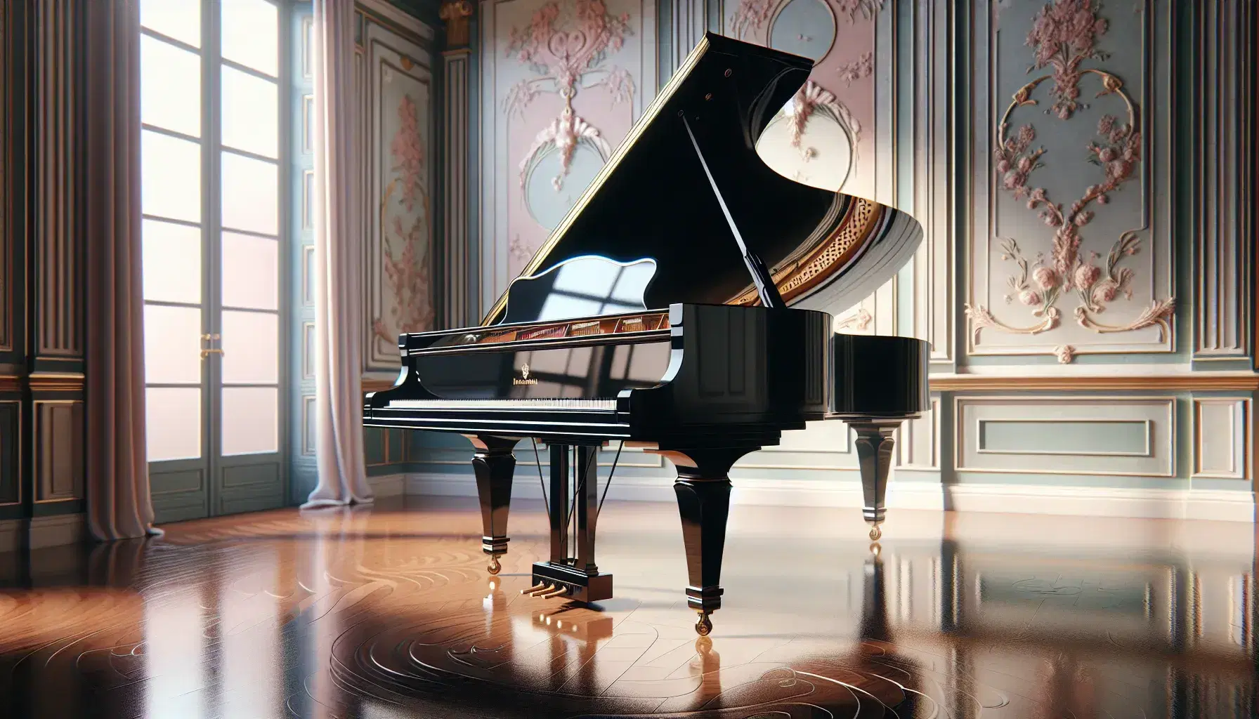 Pianoforte a coda nero lucido su pavimento in legno con interni visibili, tastiera in evidenza, in stanza decorata in stile Belle Époque.