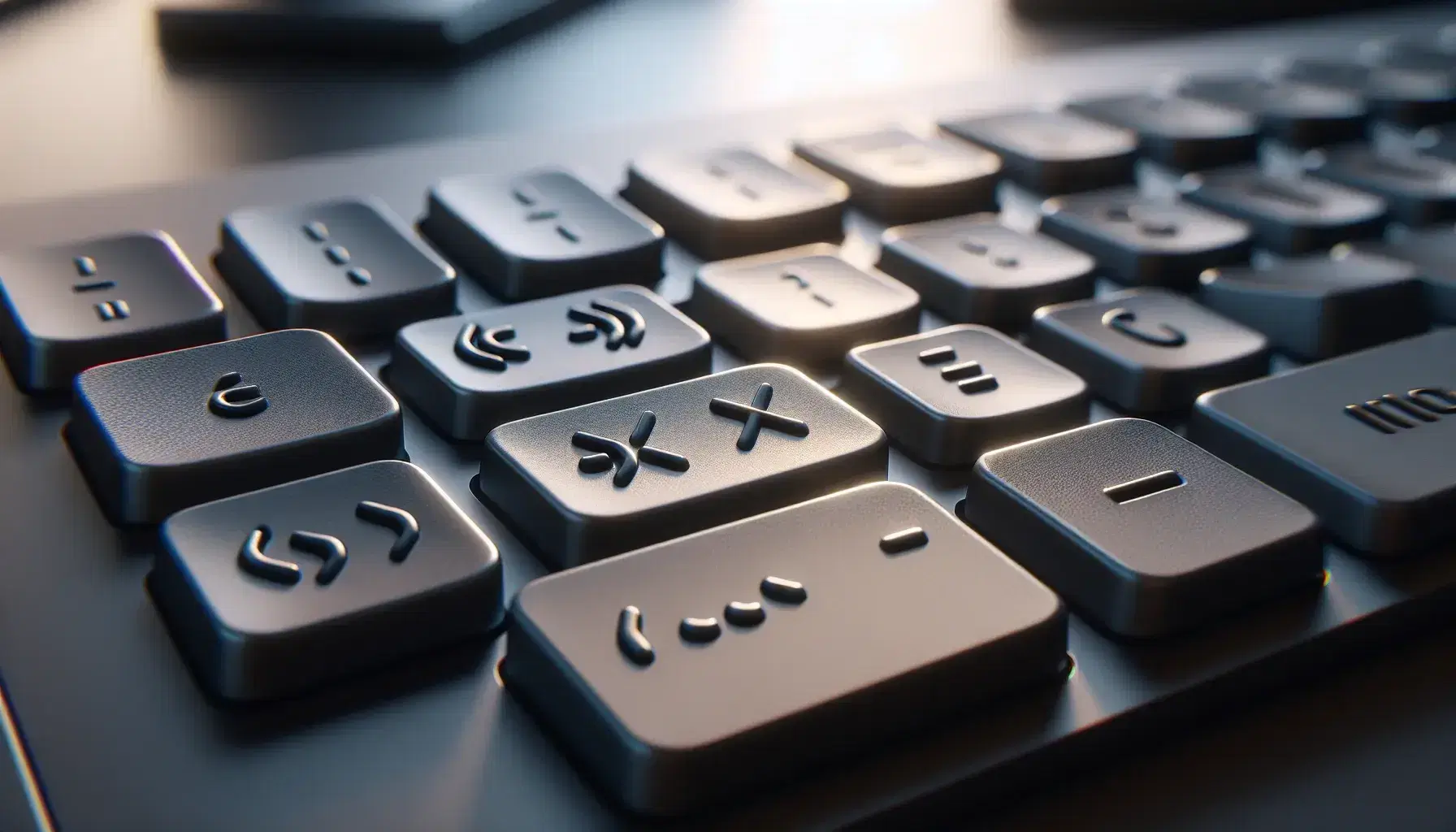 Close-up of a computer keyboard with highlighted keys for programming such as curly brackets, parentheses, semicolons and equals in shades of gray.
