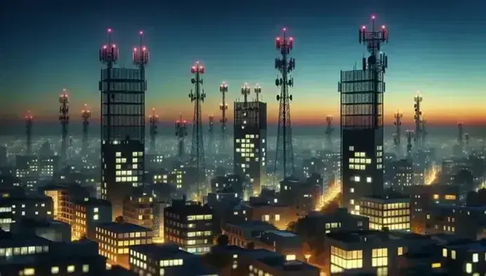 Modern cityscape at dusk with cell towers and illuminated buildings, starry sky and red signal lights on antennas.