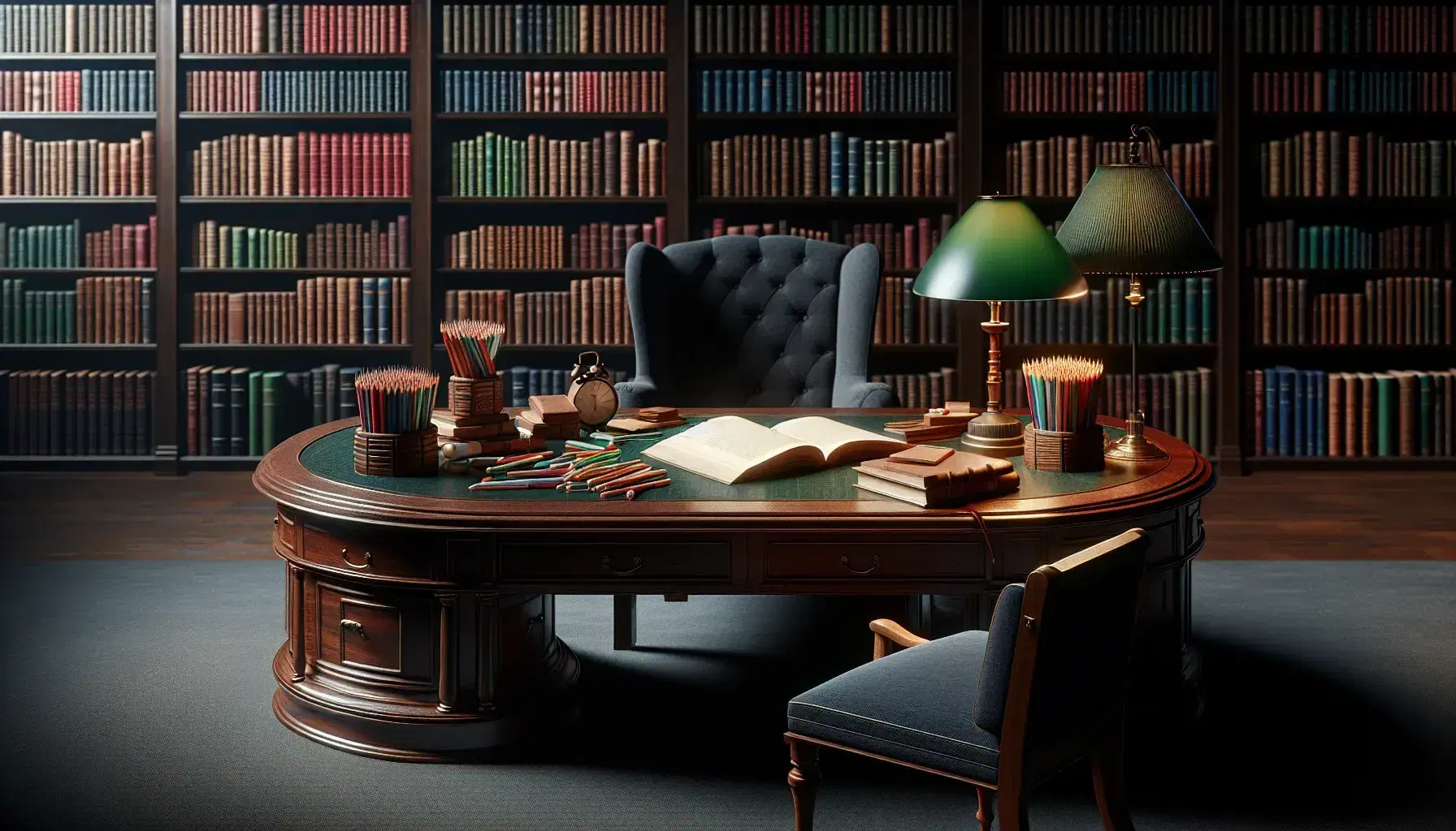 Scena di biblioteca con scrivania in legno scuro, lampada accesa, matite colorate, libro aperto e poltrona blu, scaffali pieni di libri rilegati.