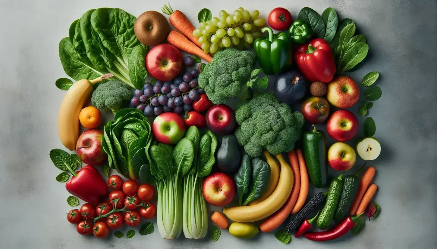 Composición equilibrada de frutas y verduras frescas con hojas verdes, tomates rojos, zanahorias naranjas, pimientos multicolores, uvas moradas y manzanas.