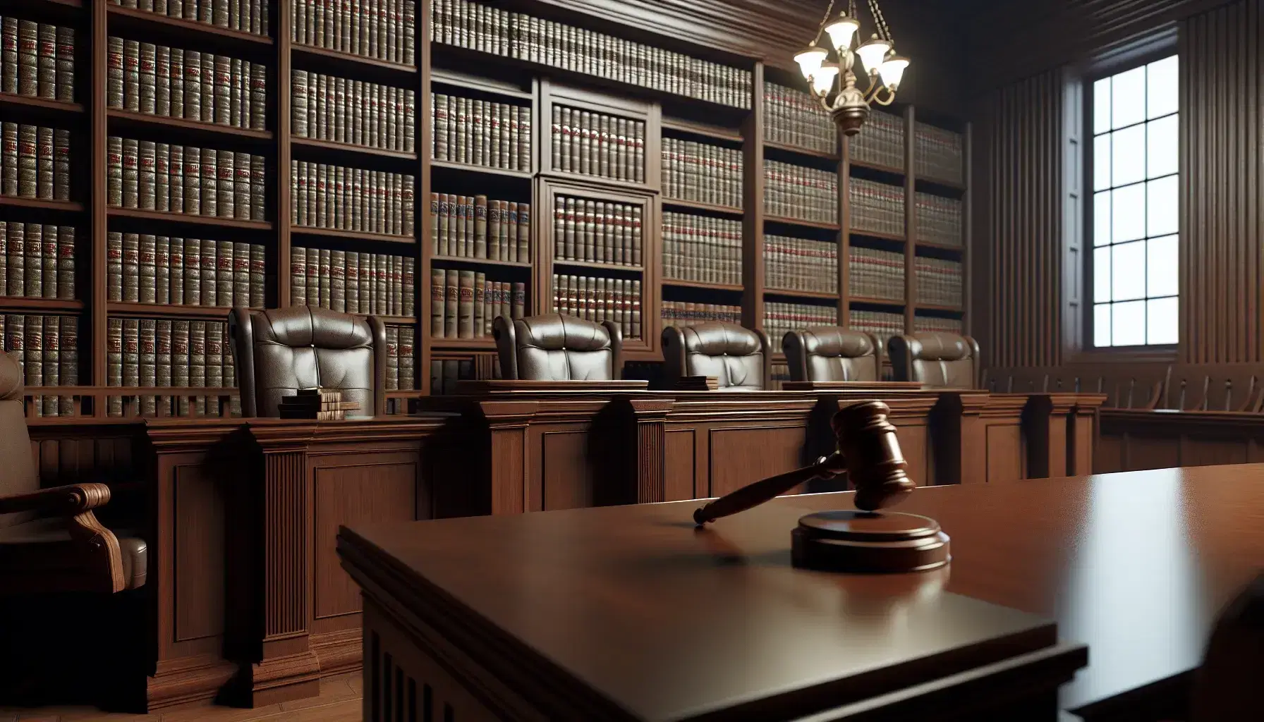Aula di tribunale vuota con scrivania del giudice, martelletto, banchi per avvocati, sedute per il pubblico, libri di legge e moquette rossa.