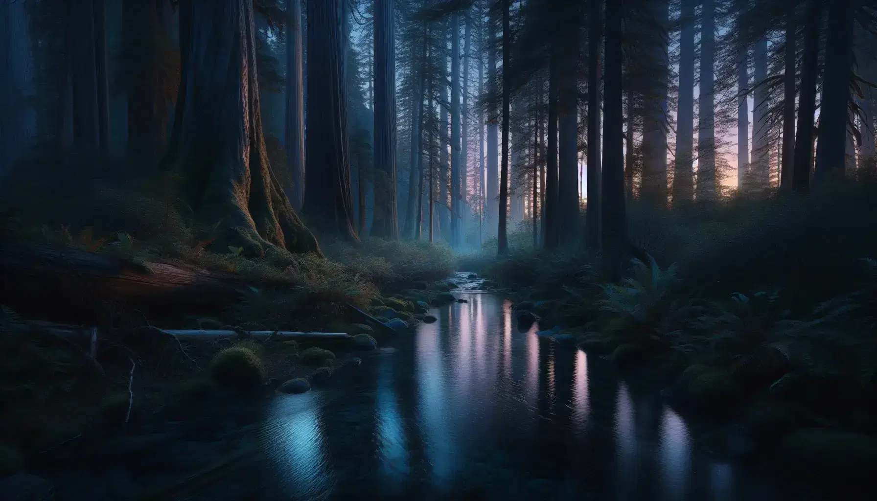 Twilight forest scene with a meandering stream, ancient trees, and a sky gradient from indigo to pink, reflecting the transition between seasons.