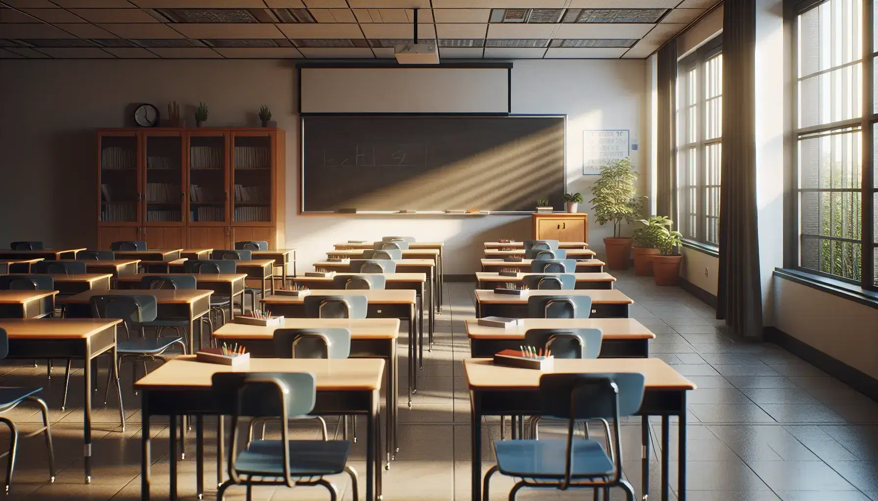 Aula scolastica vuota con banchi in legno chiaro e sedie impilabili blu, lavagna vuota e piante verdi sul davanzale.