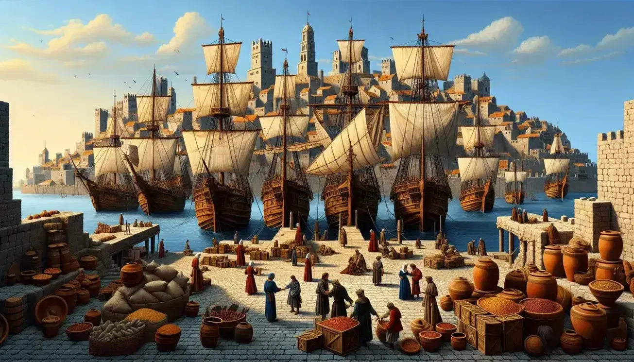 Vista panoramica di un porto medievale con navi a vela, figure in costume e città fortificata sullo sfondo sotto un cielo azzurro.
