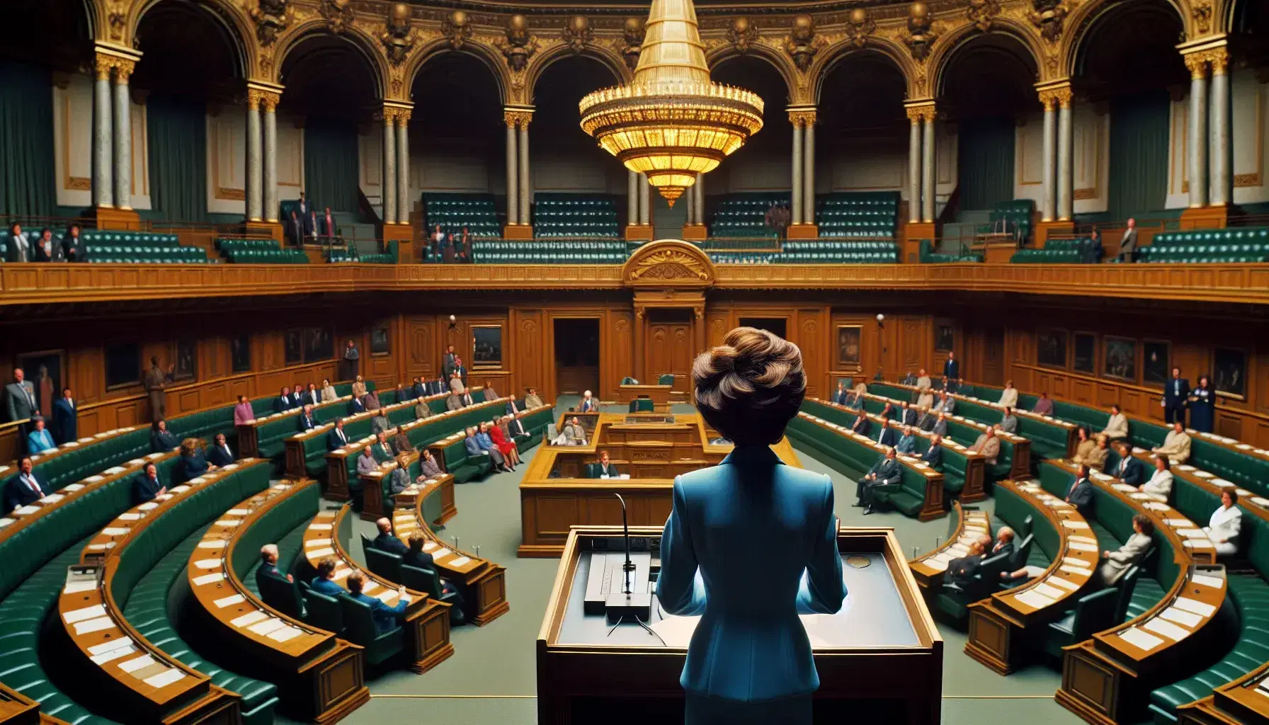Woman in blue suit speaks at dispatch box in 1980s-style government assembly with green benches, wood paneling, and golden chandelier.