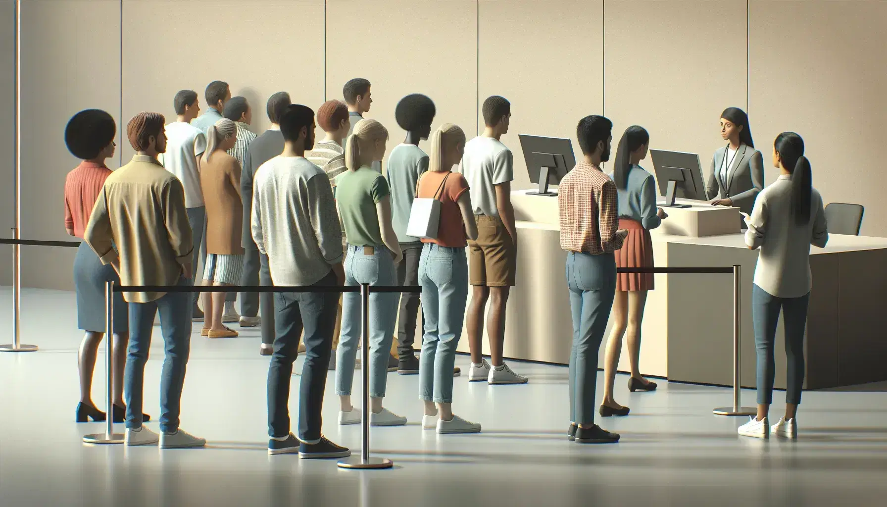 Diverse group queuing at service counter with staff member assisting young adult in casual attire, in a softly lit, neutral-toned setting.