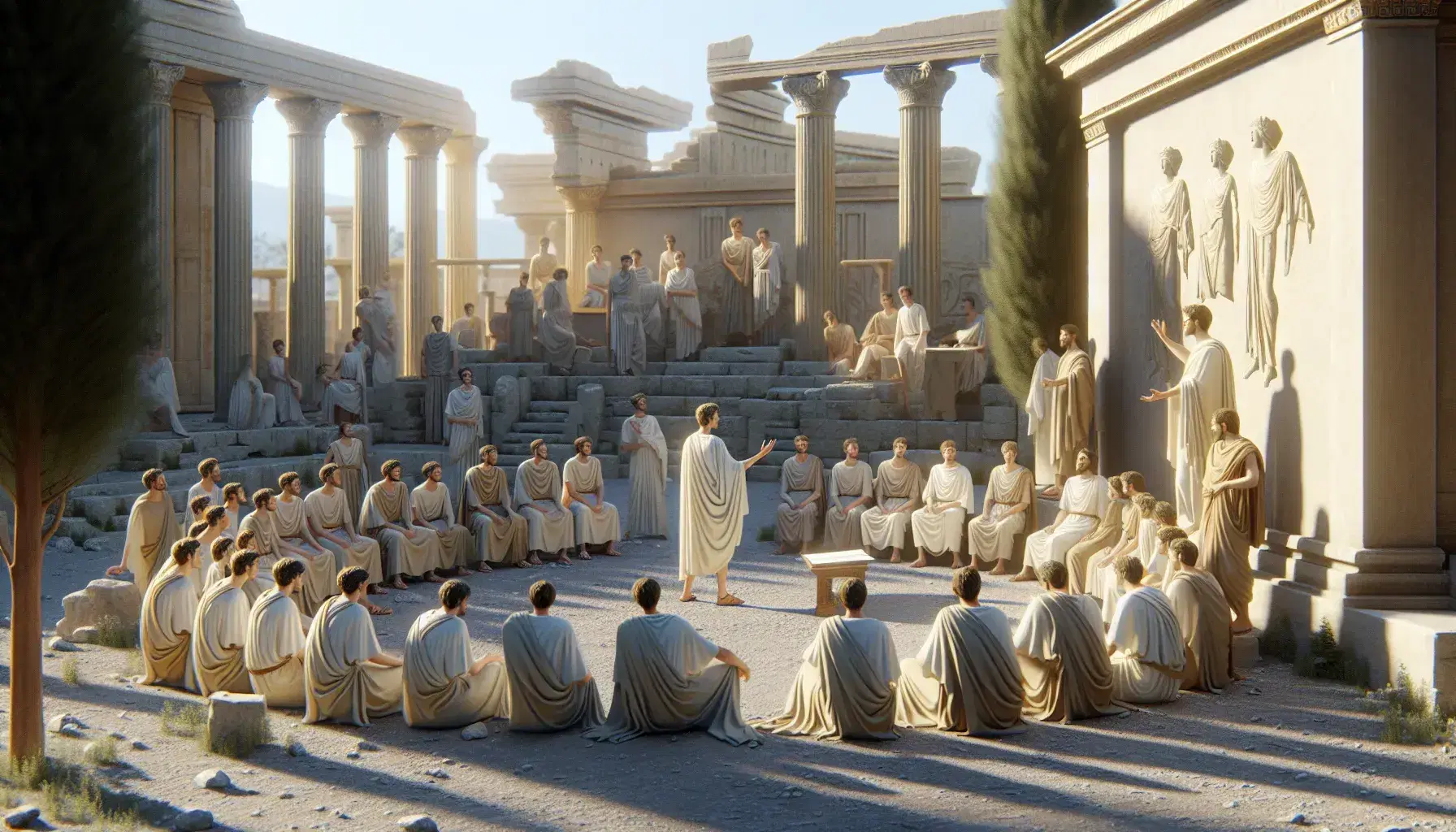 Recreación de una ágora griega con figuras en túnicas debatiendo, arquitectura clásica con columnas y cielo despejado.