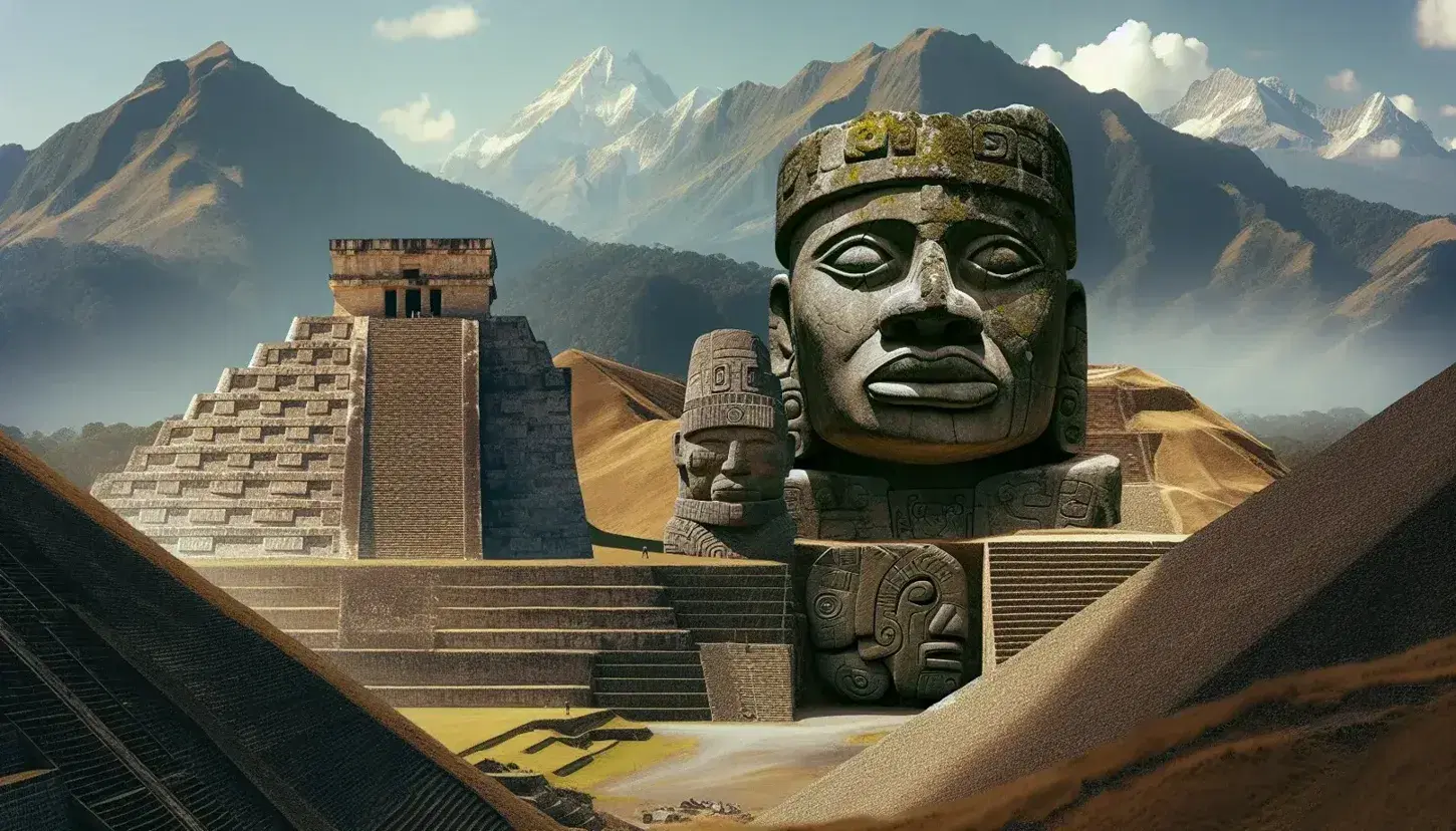 Cabeza colosal olmeca en primer plano, pirámide maya escalonada al centro y terrazas agrícolas incas en montaña nevada al fondo.