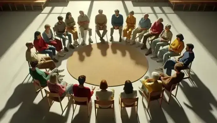 Gruppo eterogeneo seduto in cerchio su sedie in aula luminosa, ascoltando attivamente in un'atmosfera di empatia e condivisione.