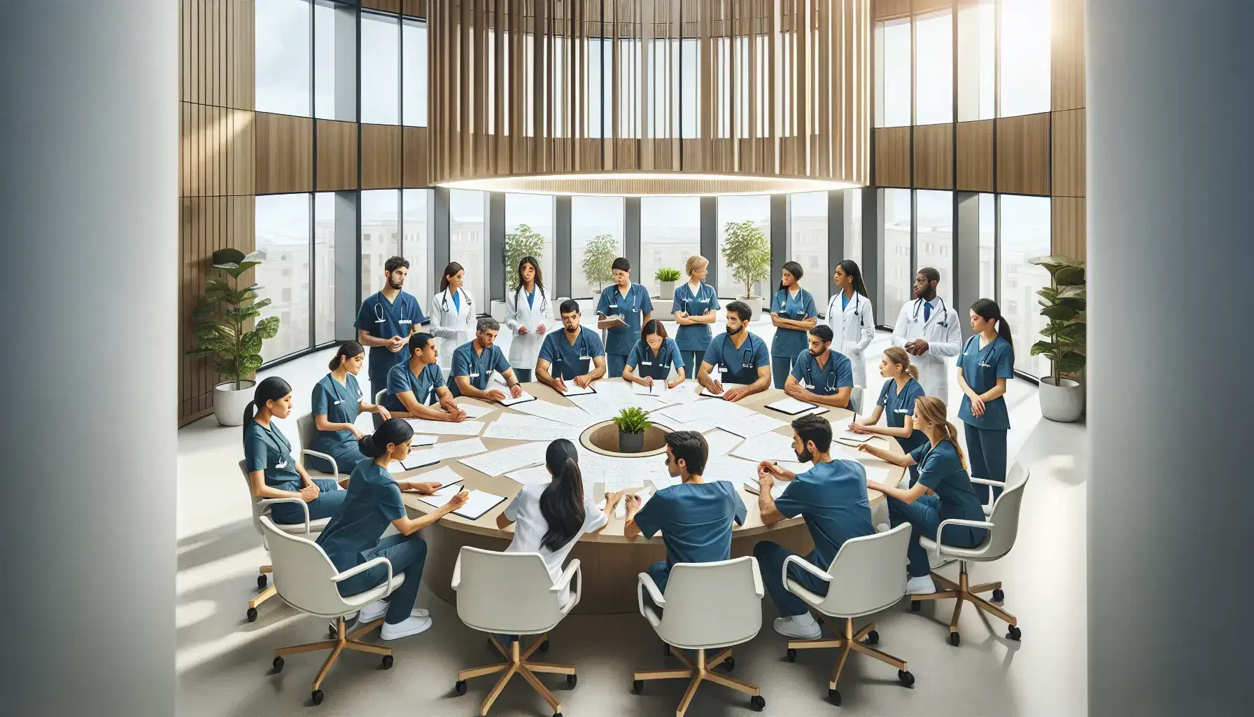 Infermieri multietnici in uniforme discutono seriamente attorno a un tavolo con documenti e grafici in una sala riunioni luminosa.