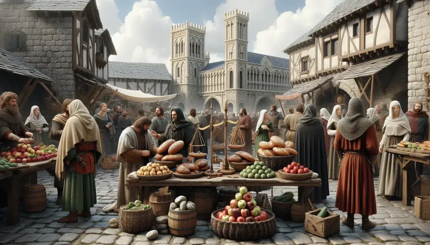 Mercado medieval con personas intercambiando productos, mesa con panes y manzanas, balanza y fondo de iglesia gótica.