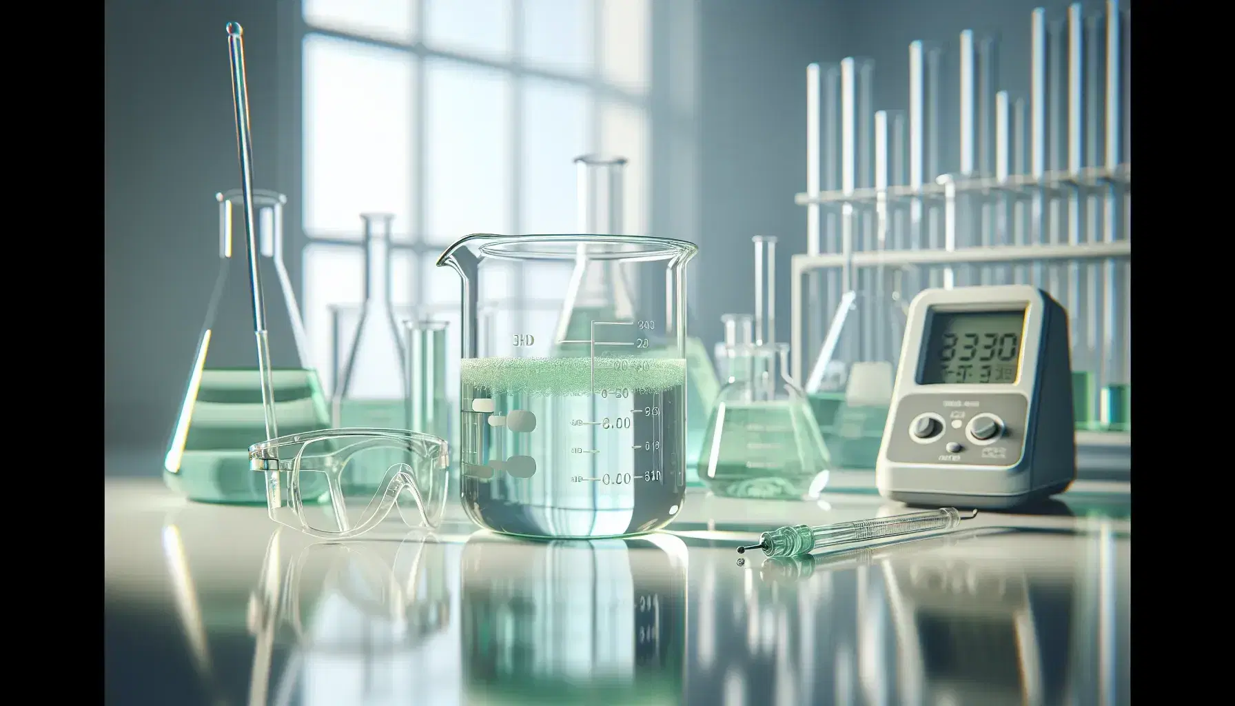 Glass beaker with light green liquid, stirring rod, safety glasses and blurred background with colorful laboratory glassware.
