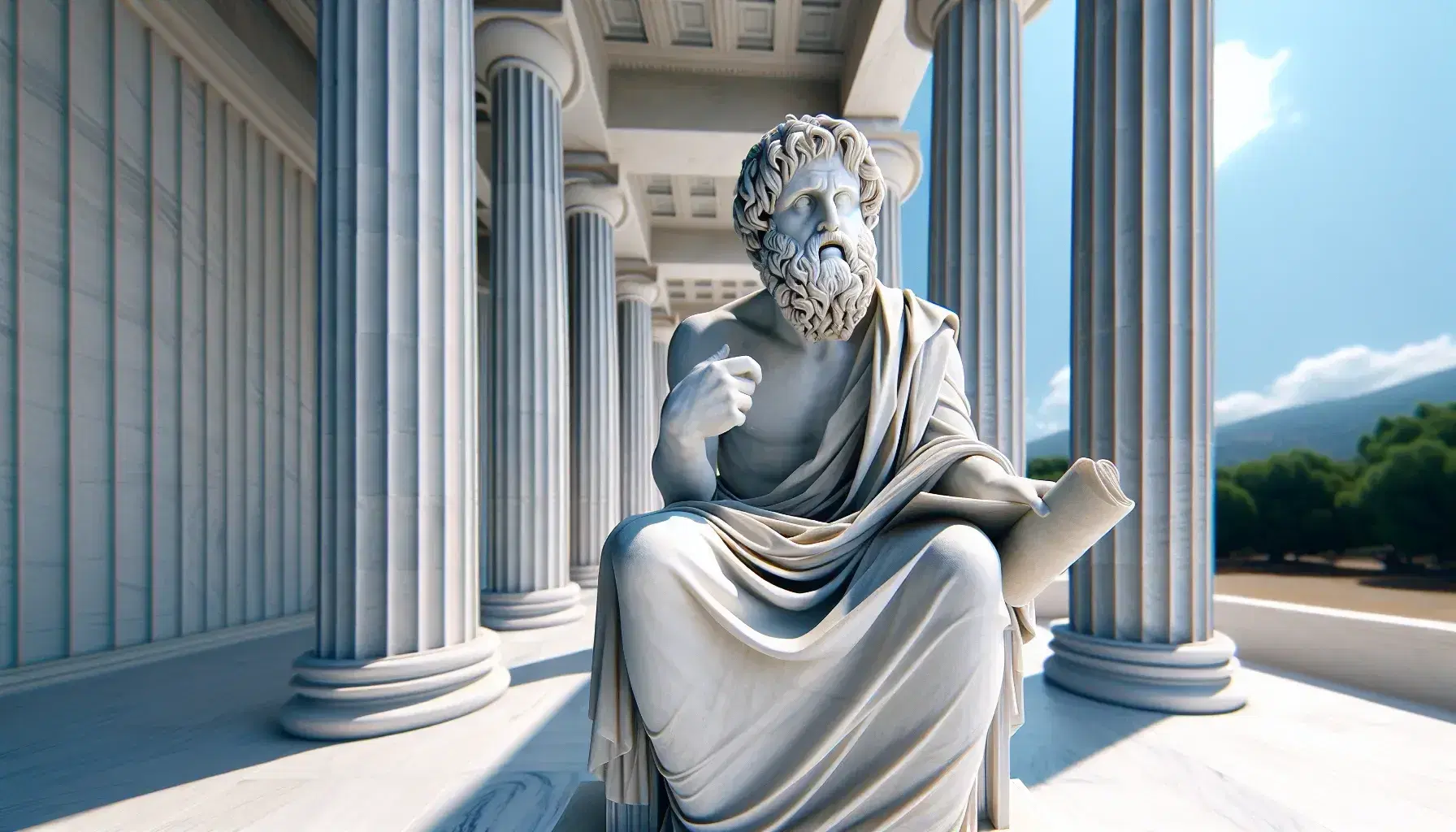 Estatua de mármol blanco de filósofo griego antiguo con pergamino, mano alzada explicando, ante columnas dóricas y cielo azul.