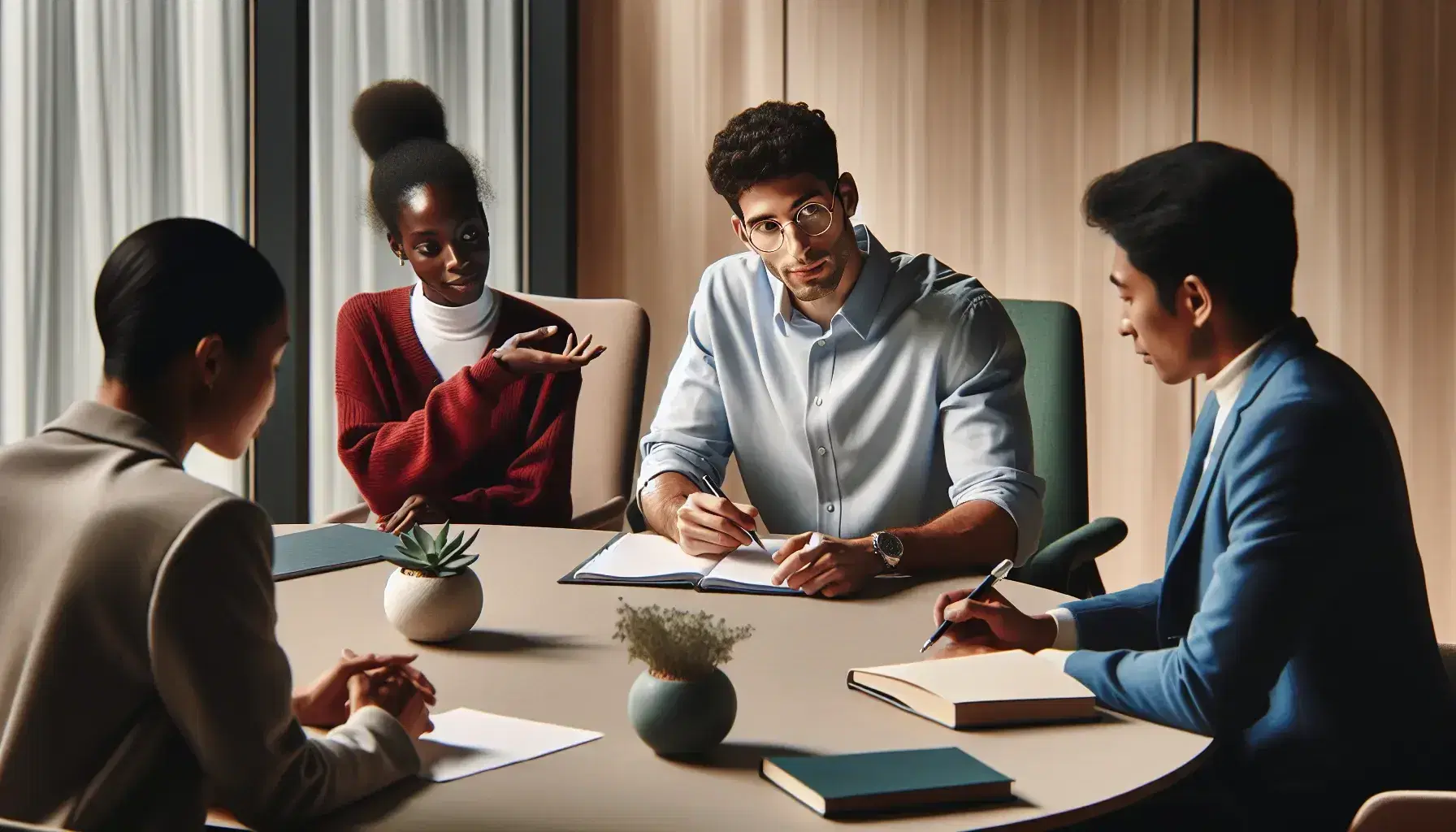 Diverse team in a meeting: Hispanic man taking notes, Black woman talking, Middle-Eastern and South Asian colleagues listening, Caucasian woman with plant.