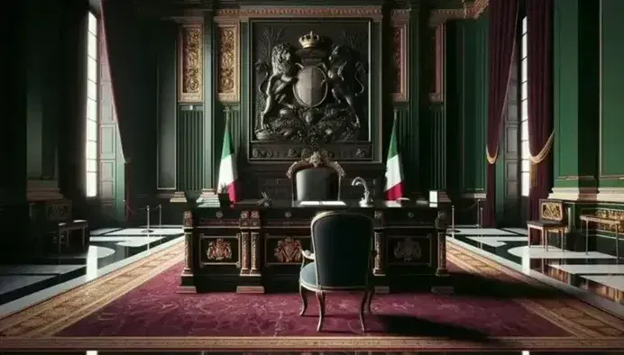 Interno solenne con scrivania in legno scuro, tappeto bordeaux, poltrona blu, stemma Italia, bandiere italiane e tende rosse.