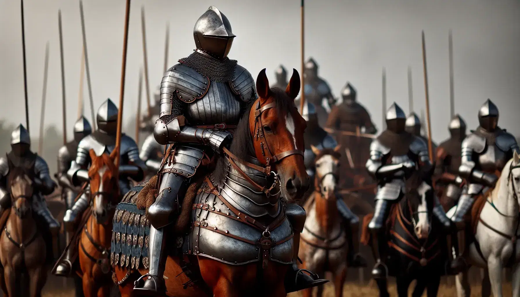 Late 15th-century knights on horseback in steel plate armor, with foot soldiers in chainmail, reenact a historical battle in a lush, open field.