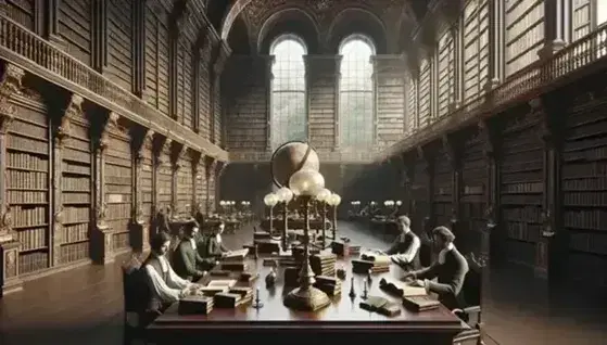 18th century library with arched windows, wooden shelves full of bound books, people in period clothing and globe on pedestal.