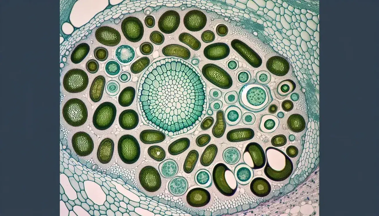 Corte transversal microscópico de tallo de planta mostrando vasos de xilema, células vegetativas y estomas con células guardas verdes.