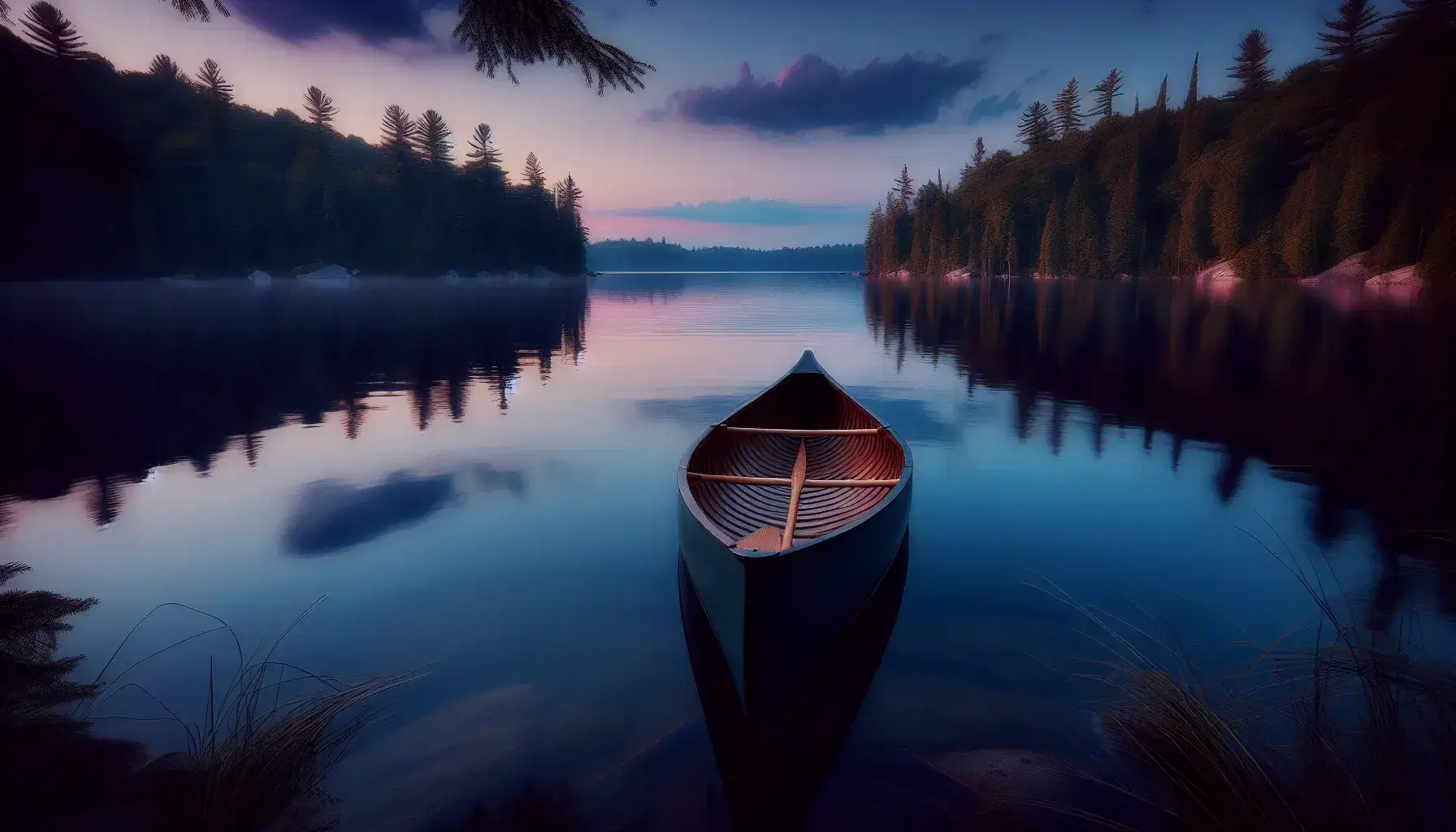 Serene dusk scene with a reflective lake mirroring a gradient twilight sky, an empty wooden canoe at center, and a misty, autumnal forest backdrop.