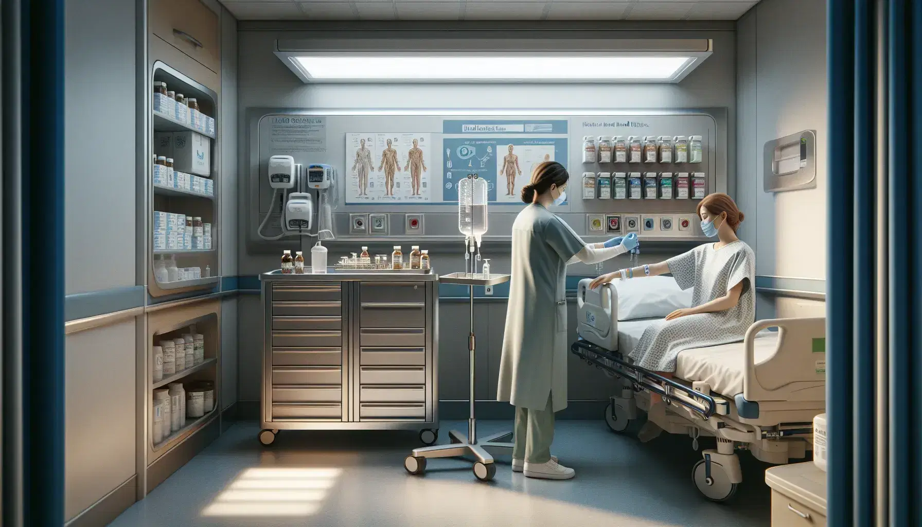 Enfermera en bata azul colocando pulsera de identificación a paciente sentado en cama de hospital, con carro de medicinas y dispensador de gel en fondo.