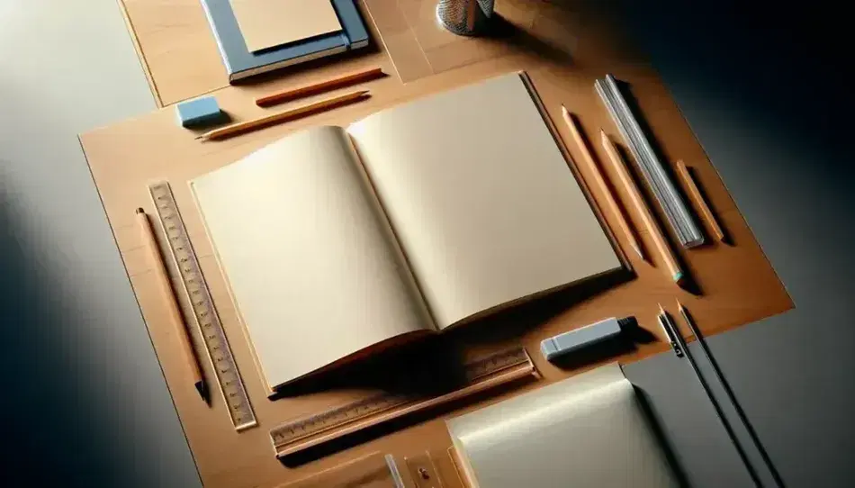 Escritorio de madera claro con libro abierto, lápiz, regla transparente, marcador amarillo, cuaderno azul y pila de hojas en ambiente sereno.