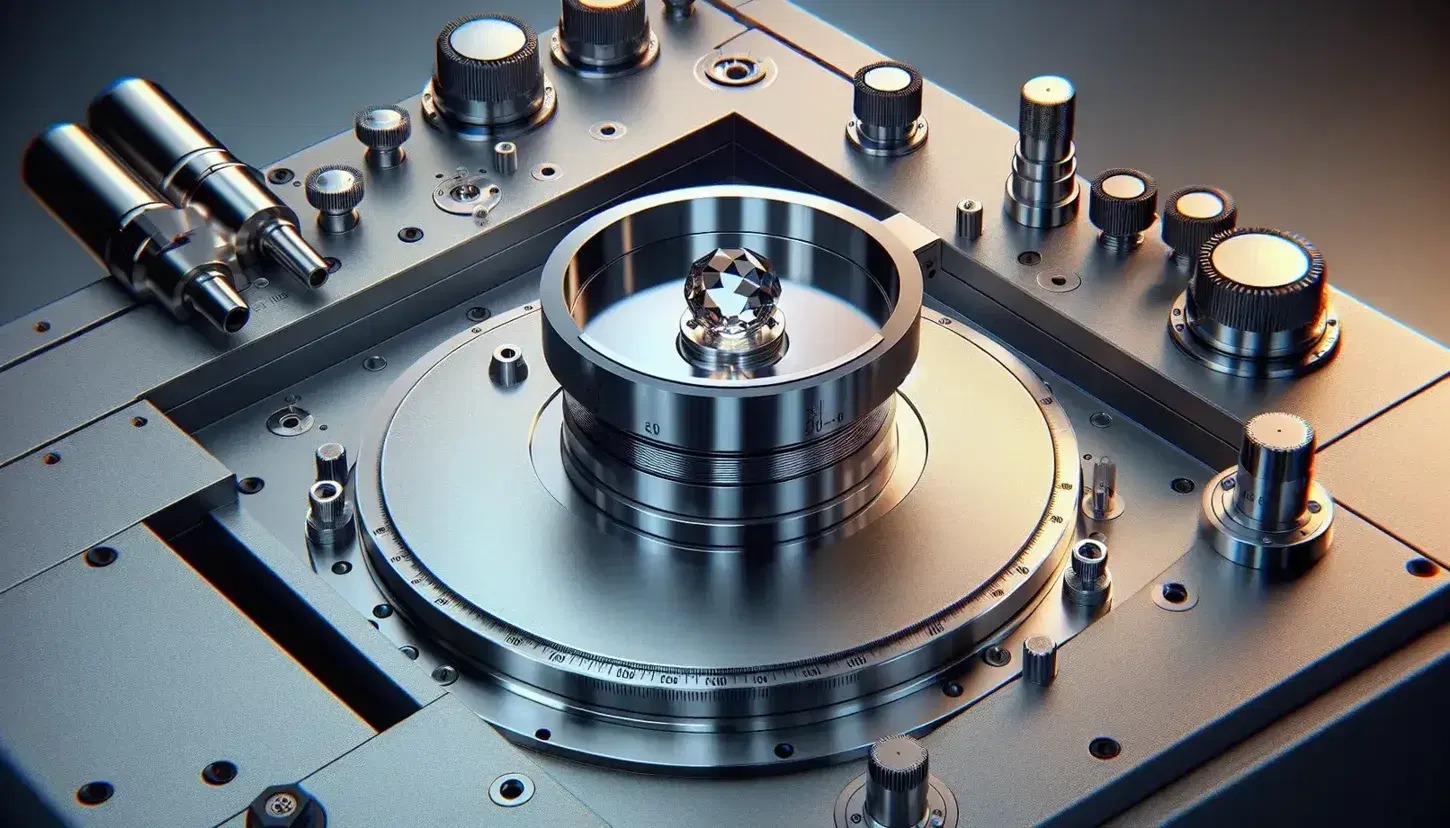 Close-up of the sample area of ​​an FTIR spectrometer with a metallic circular stage, transparent crystal disk and steel knobs.