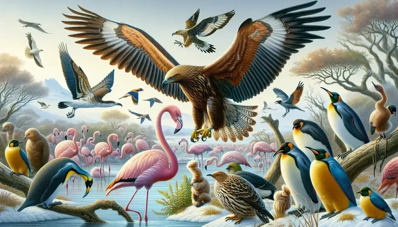 Aquila in volo con ali spiegate, uccellino giallo-verde su ramo, fenicotteri rosa in acqua, pinguino imperatore su neve, paesaggio naturale vario.