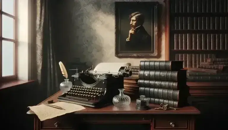 Scrivania antica in legno scuro con macchina da scrivere vintage, calamaio in vetro, penna d'oca e libri rilegati in pelle.