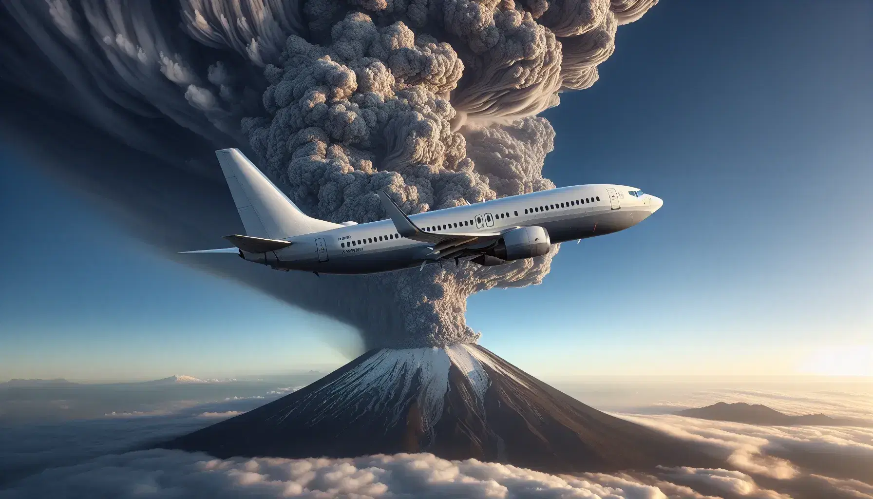 Airliner in flight with clear sky fading from light to dark blue, above an erupting volcano with a dense cloud of gray ash.