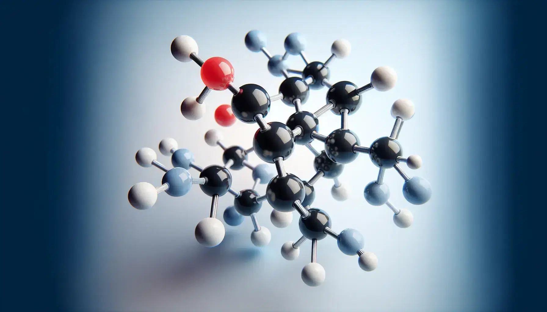 3D molecular model with central carbon atom, bonds with red oxygen atoms, blue nitrogen, white hydrogen and hydrocarbon chain.