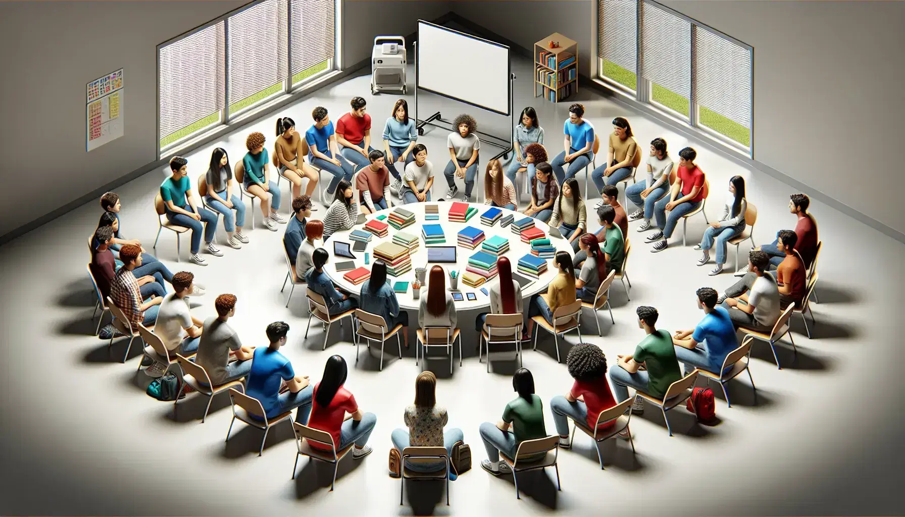 Estudiantes diversos colaborando en clase con libros y dispositivos electrónicos en una mesa redonda, aula iluminada con luz natural.