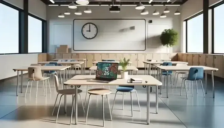 Aula moderna con luz natural, mesa de madera con laptop abierta, planta verde, pizarra blanca, reloj analógico y sillas azules apiladas.