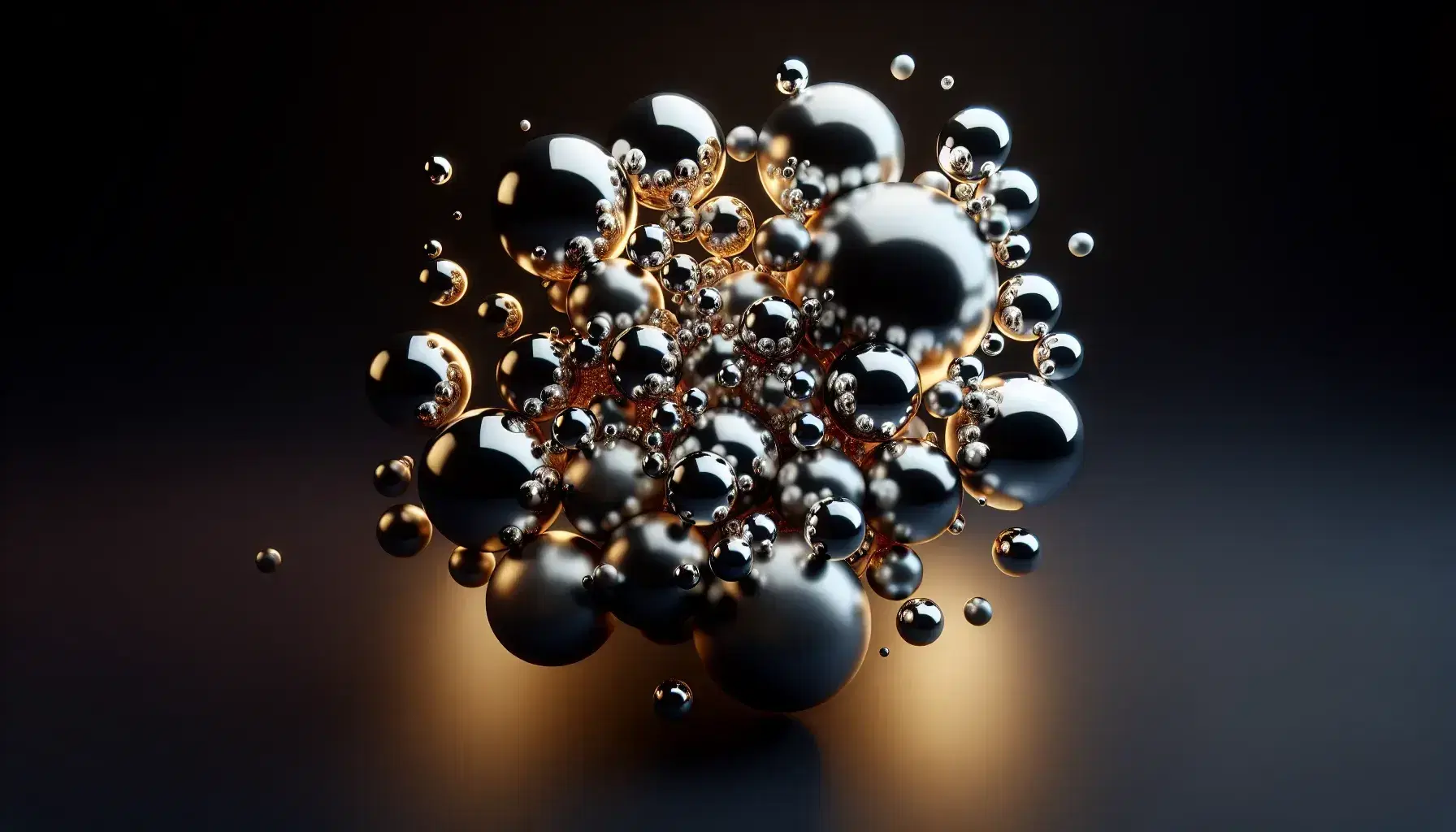 Esferas metálicas de distintos tamaños flotando en el espacio con reflejos de luz sobre fondo negro, creando un efecto tridimensional.