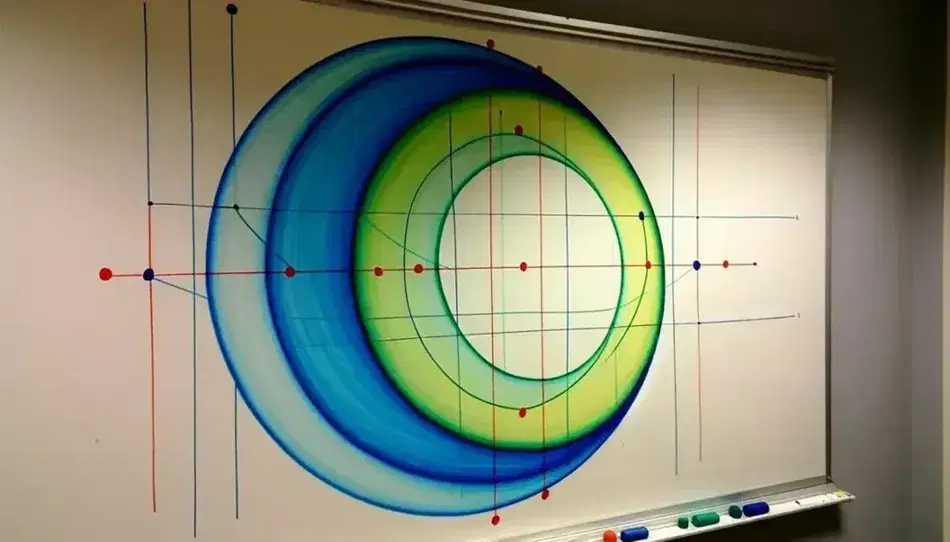 Close-up view of a whiteboard with colorful geometric shapes, including a blue parabolic curve with red dots, a green circle with a yellow cross, and assorted 3D figures.