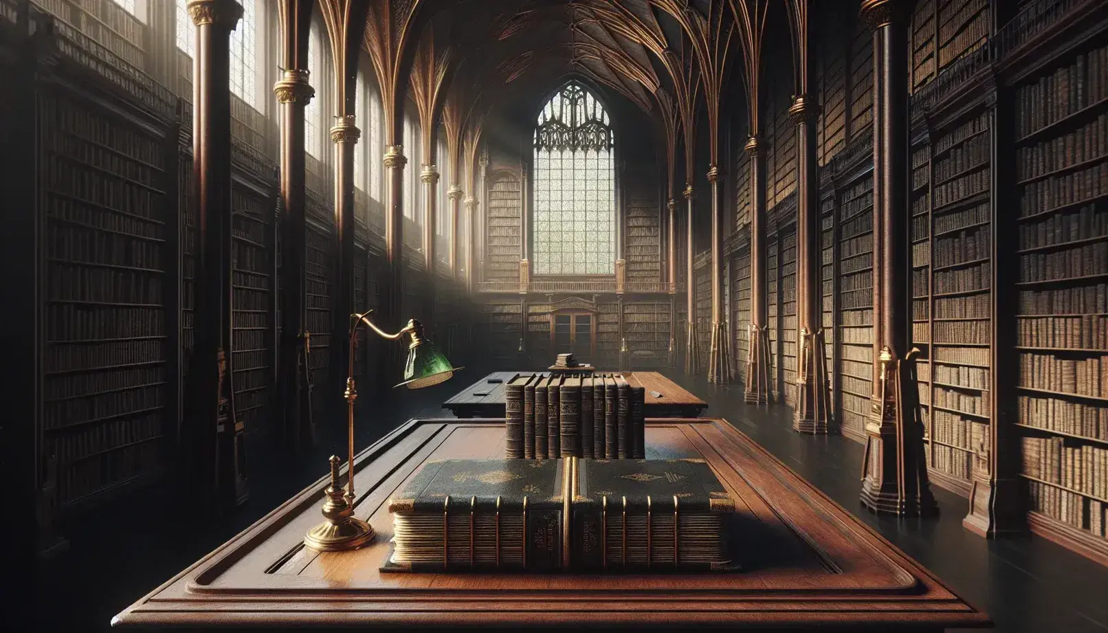 Early 20th-century library interior with high arched ceilings, a large mahogany table with an open antique book, tall bookshelves, and a brass lamp.