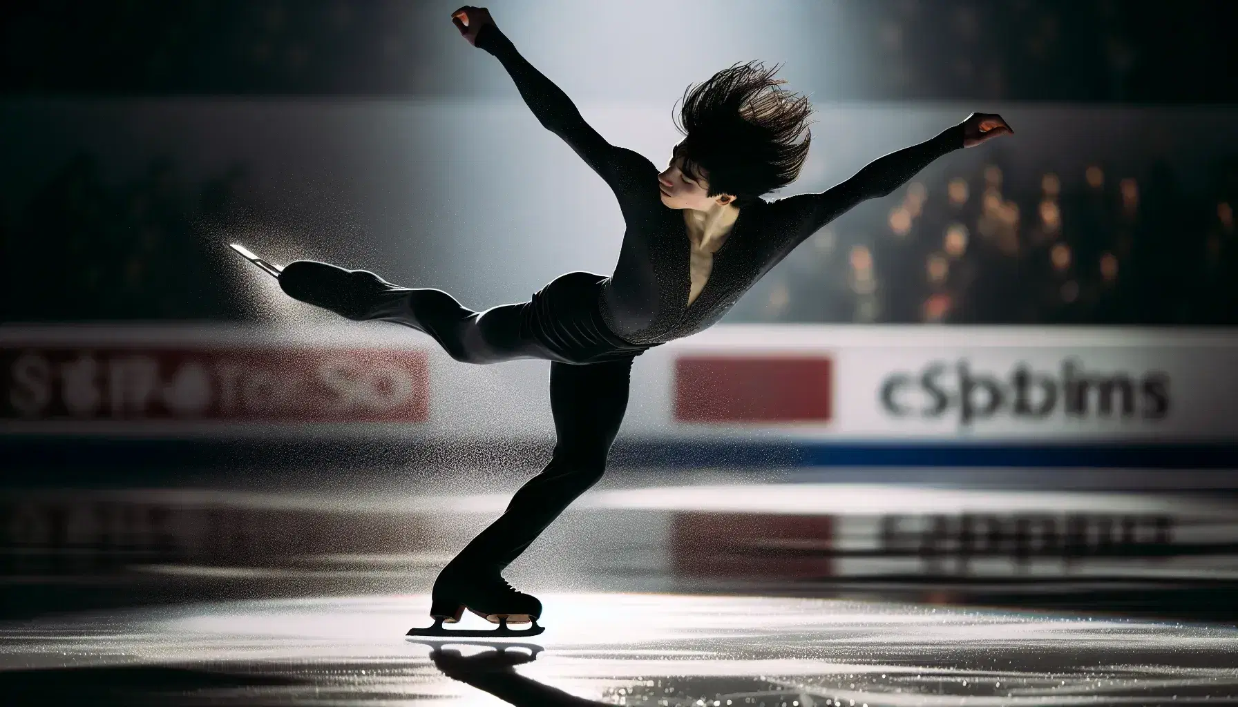 Figure skater performing a spin on ice, with arms tucked in and leg extended, creating ice spray, against a blurred rink background, under soft lighting.