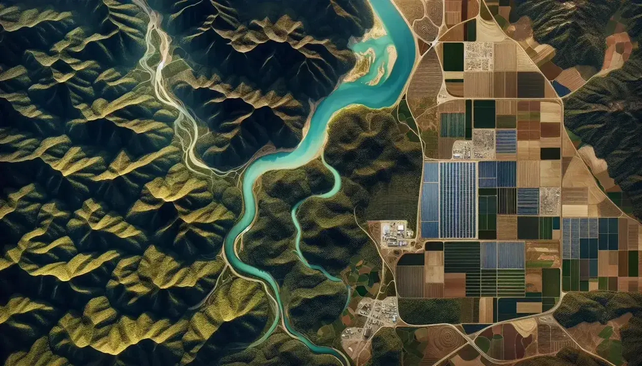 Vista aérea de paisaje diverso con bosque denso, campo de paneles solares, río serpenteante, tierras de cultivo y montañas.