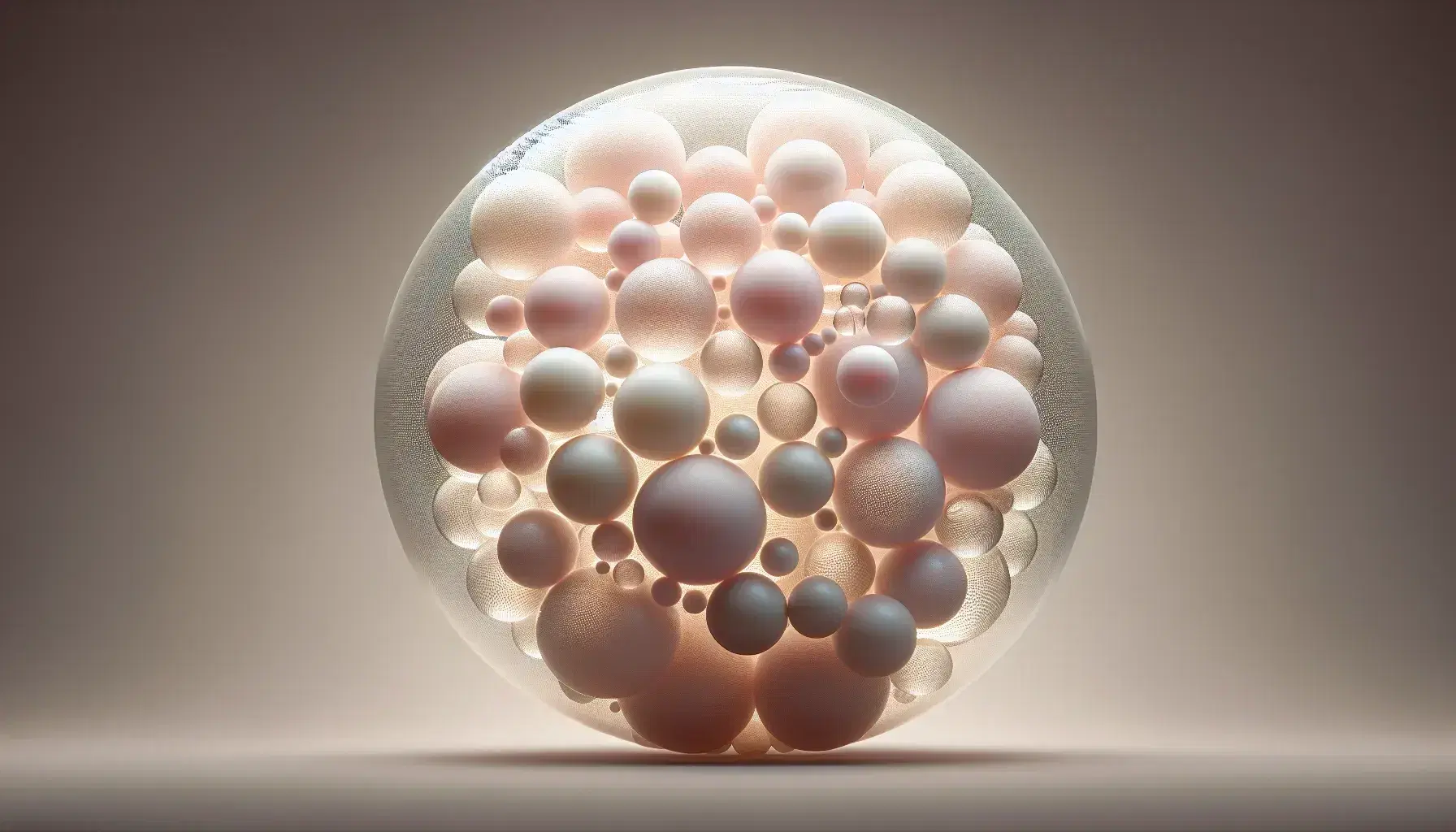 Esferas translúcidas en tonos de rosa, con esferas más pequeñas suspendidas en su interior, sobre fondo gris neutro y suave iluminación que realza su textura lisa y brillo tenue.