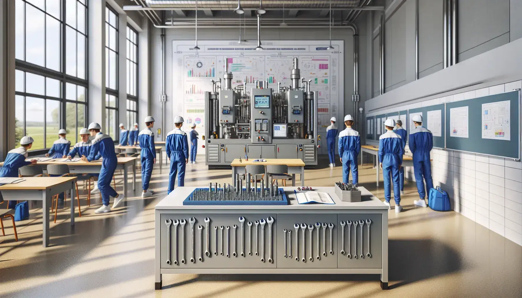 Aula moderna de formación técnica con jóvenes en uniforme azul alrededor de maquinaria industrial, herramientas manuales en primer plano y luz natural.