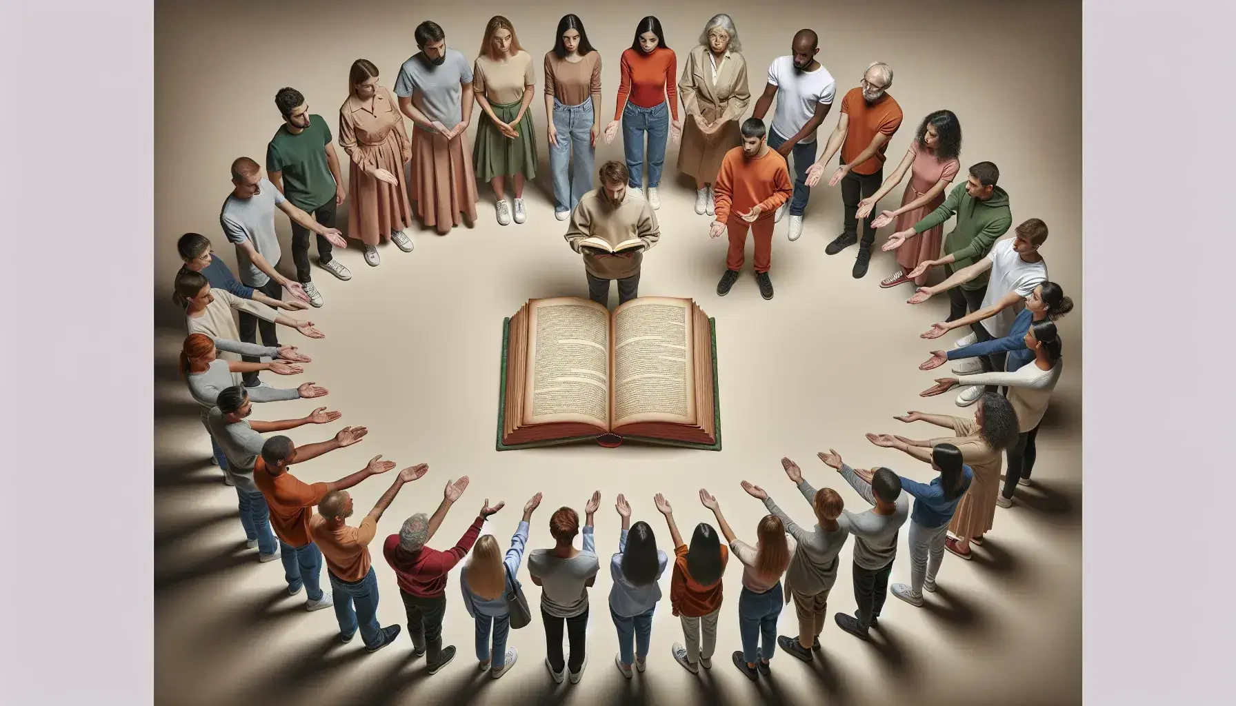 Grupo diverso de personas atentas alrededor de un libro abierto sin texto, mostrando interés y participación en un fondo neutro.