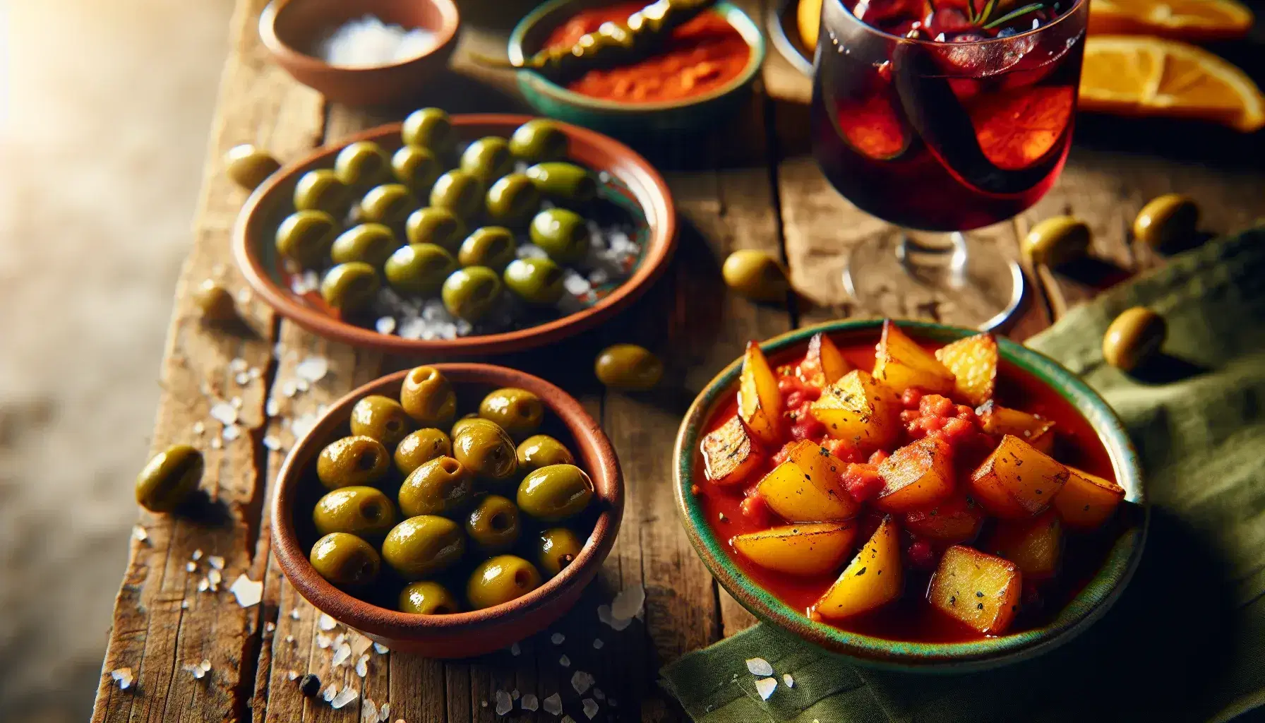 Vibrant Spanish tapas spread with patatas bravas in tomato sauce, glossy green olives, and charred pimientos de padrón on a rustic table, beside a glass of citrusy sangria.