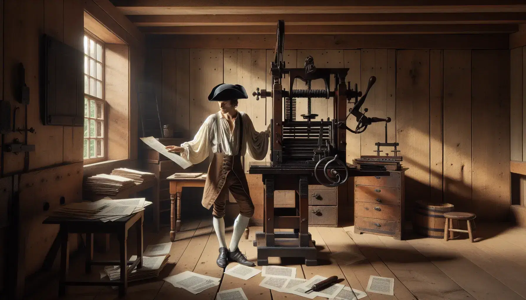 18th-century colonial print shop scene with a man operating an antique wooden printing press, wearing period attire, beside a table with printing tools.